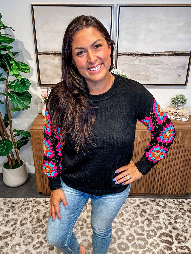 Color Bloom Crochet Sleeve Sweater (S-3XL)-110 Long Sleeve-Sew In Love-Hello Friends Boutique-Woman's Fashion Boutique Located in Traverse City, MI
