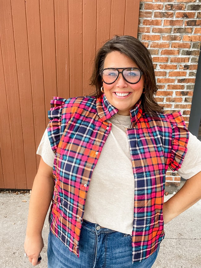 Patterned in Plaid Puffer Vest (S-2XL)-120 Sleeveless-Jess Lea Wholesale-Hello Friends Boutique-Woman's Fashion Boutique Located in Traverse City, MI