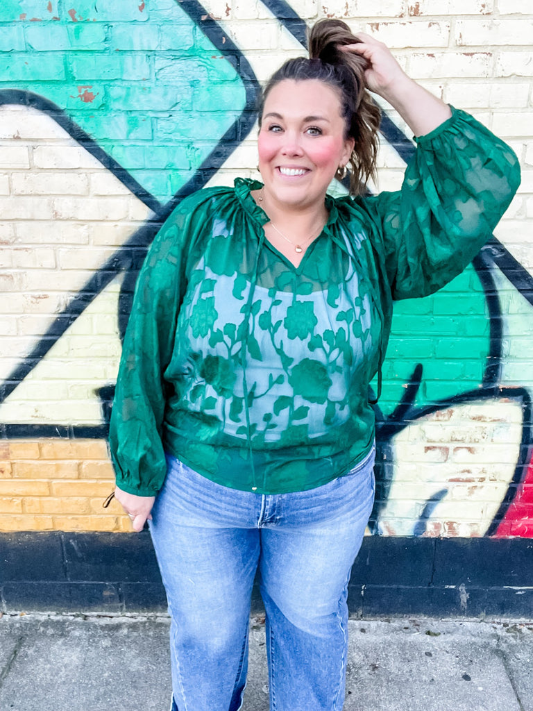 Emerald Whimsy Jacquard Blouse (S-3XL)-110 Long Sleeve-Oddi-Hello Friends Boutique-Woman's Fashion Boutique Located in Traverse City, MI