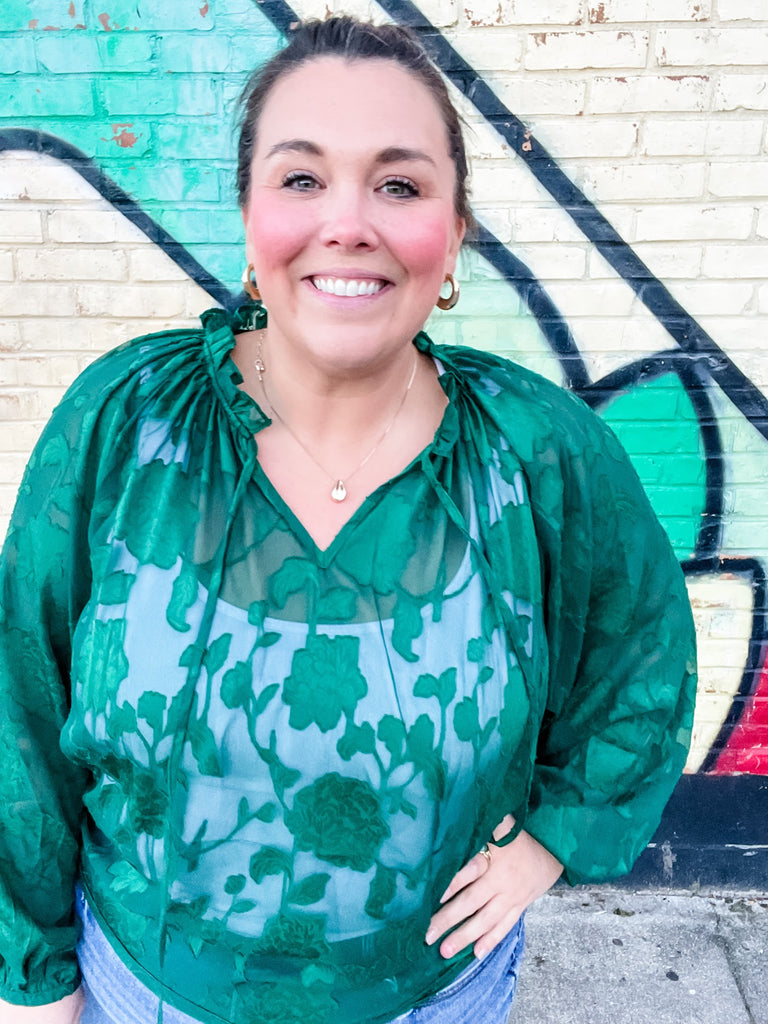 Emerald Whimsy Jacquard Blouse (S-3XL)-110 Long Sleeve-Oddi-Hello Friends Boutique-Woman's Fashion Boutique Located in Traverse City, MI
