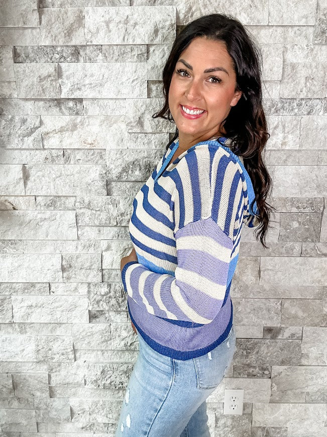 Friday Night Vibes Top in Denim/Lavender (S-XL)-110 Long Sleeves-BIBI-Hello Friends Boutique-Woman's Fashion Boutique Located in Traverse City, MI