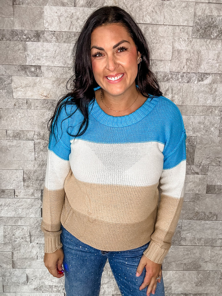 Striped Aqua Mocha Sweater (S-3XL)-110 Long Sleeve-Sew In Love-Hello Friends Boutique-Woman's Fashion Boutique Located in Traverse City, MI