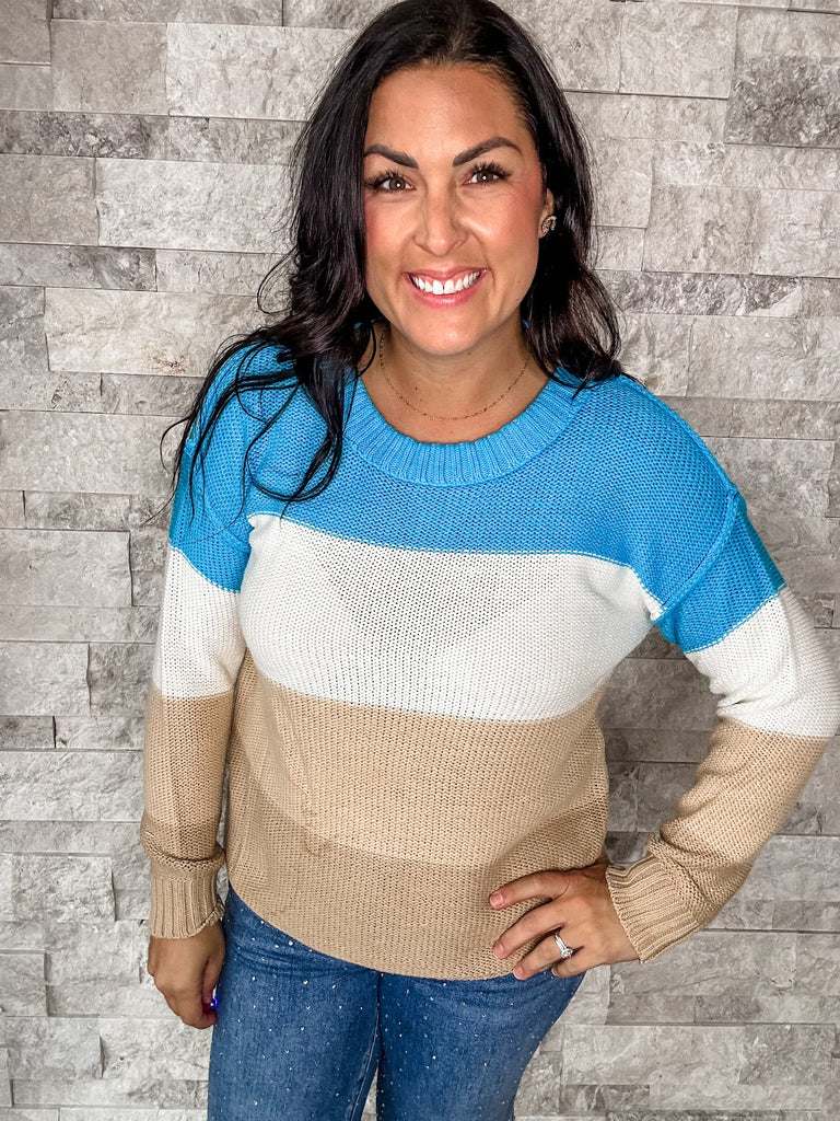 Striped Aqua Mocha Sweater (S-3XL)-110 Long Sleeve-Sew In Love-Hello Friends Boutique-Woman's Fashion Boutique Located in Traverse City, MI