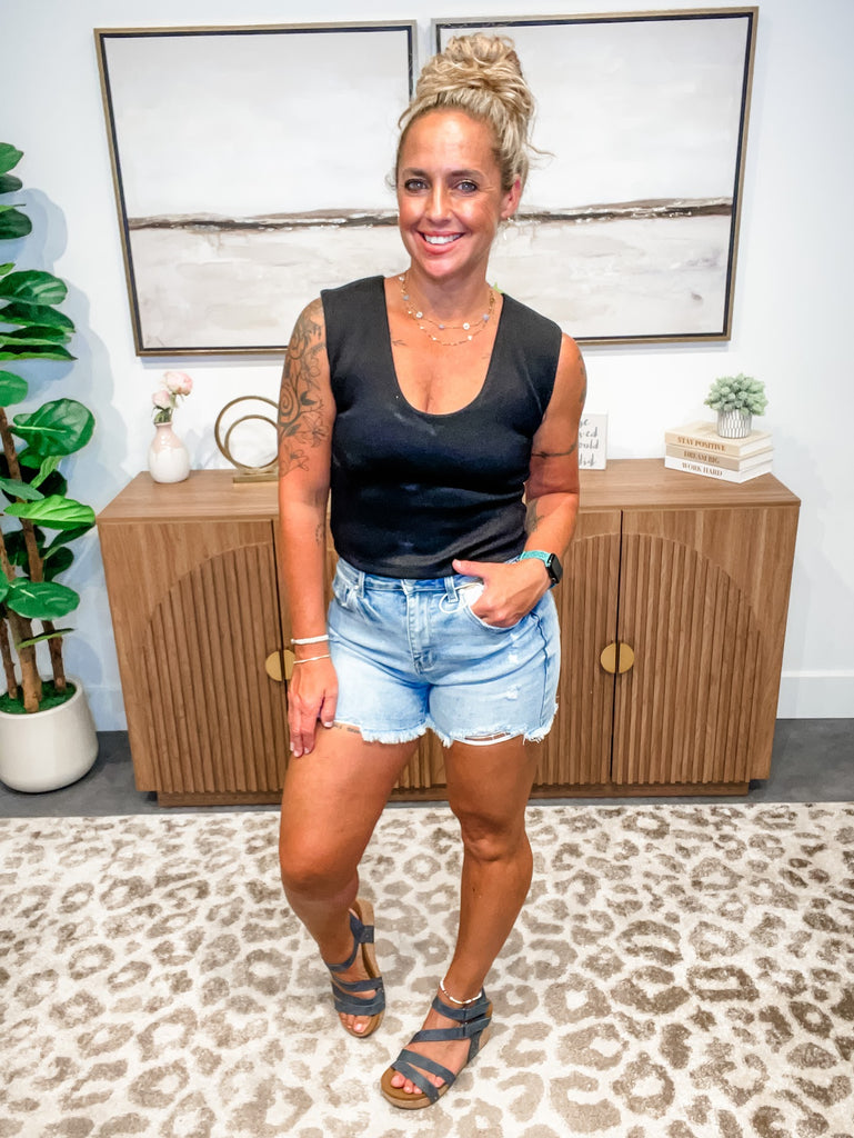 Sunfaded Edge Denim Shorts (S-XL)-220 Shorts/Skirts/Skorts-RISEN-Hello Friends Boutique-Woman's Fashion Boutique Located in Traverse City, MI