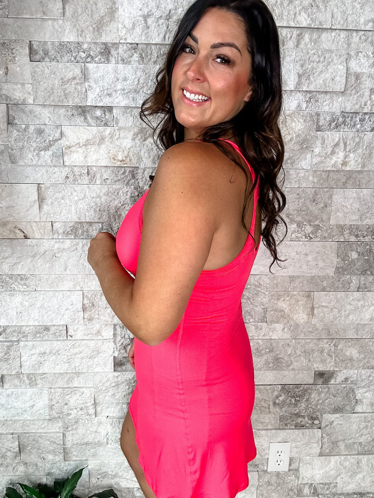 One Of The Girls Romper in Flamingo Pink (S-3XL)-190 Rompers/Jumpsuits-Rae Mode-Hello Friends Boutique-Woman's Fashion Boutique Located in Traverse City, MI