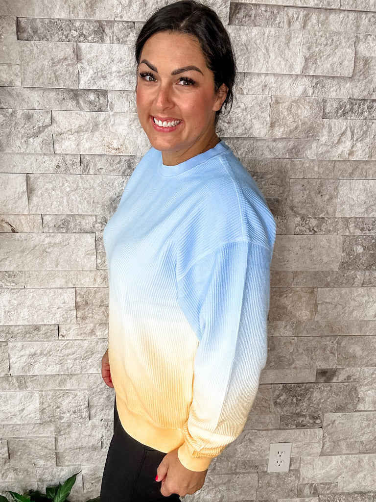 Moon Ryder Ombre Corded Crew in Blue/Yellow (S-2XL)-150 Sweatshirts/Hoodies-Moon Ryder-Hello Friends Boutique-Woman's Fashion Boutique Located in Traverse City, MI