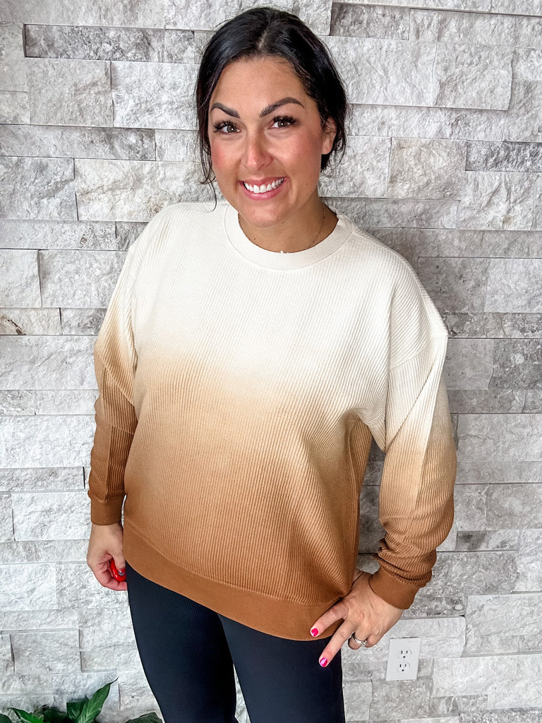 Moon Ryder Ombre Corded Crew in Eggnog/Toffee (S-2XL)-150 Sweatshirts/Hoodies-Moon Ryder-Hello Friends Boutique-Woman's Fashion Boutique Located in Traverse City, MI