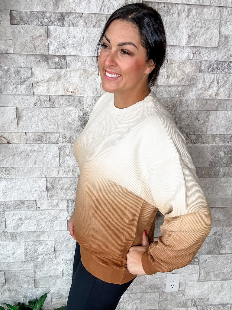 Moon Ryder Ombre Corded Crew in Eggnog/Toffee (S-2XL)-150 Sweatshirts/Hoodies-Moon Ryder-Hello Friends Boutique-Woman's Fashion Boutique Located in Traverse City, MI