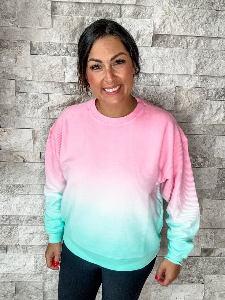 Moon Ryder Ombre Corded Crew in Pink/Mint (S-2XL)-150 Sweatshirts/Hoodies-Moon Ryder-Hello Friends Boutique-Woman's Fashion Boutique Located in Traverse City, MI