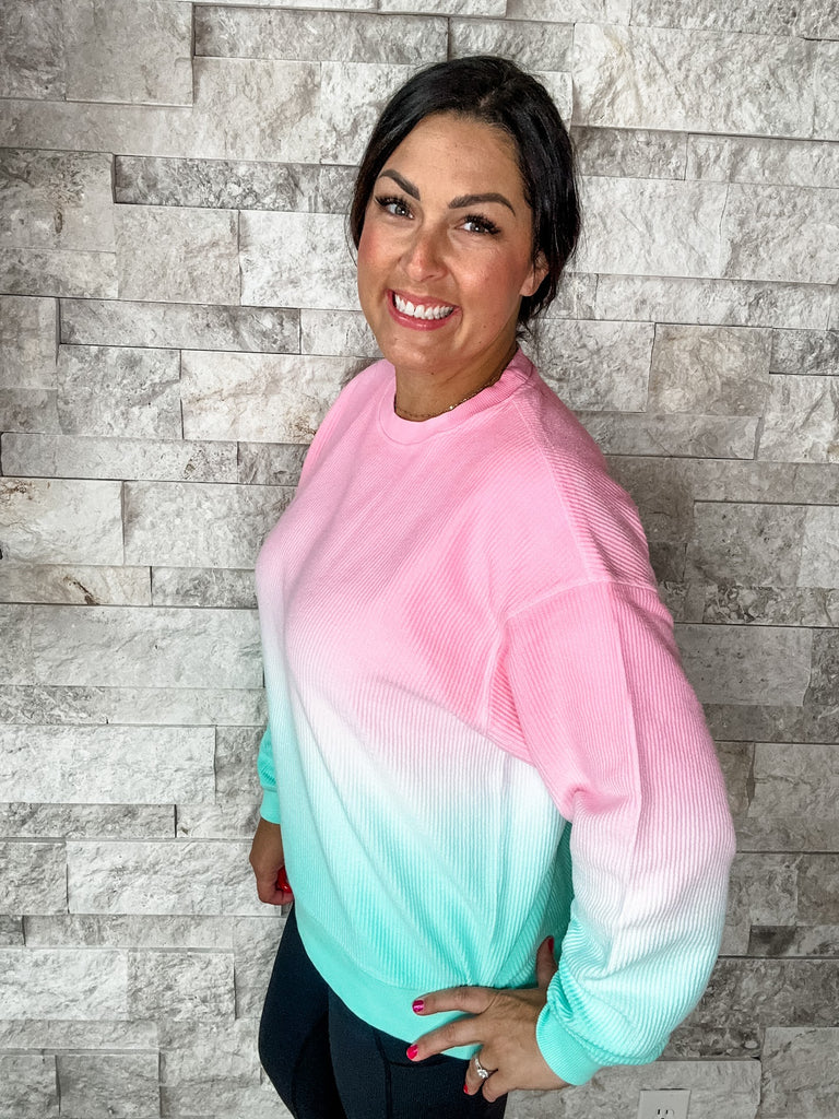 Moon Ryder Ombre Corded Crew in Pink/Mint (S-2XL)-150 Sweatshirts/Hoodies-Moon Ryder-Hello Friends Boutique-Woman's Fashion Boutique Located in Traverse City, MI