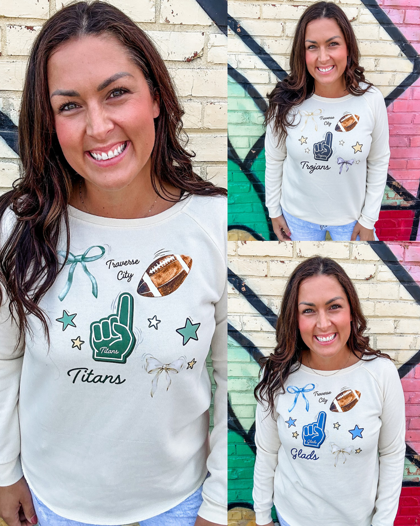 Touchdown Threads Sweatshirt (Gladiators/Trojans/Titans) (S-2XL)-130 Graphic Tees-Rustee Clothing-Hello Friends Boutique-Woman's Fashion Boutique Located in Traverse City, MI