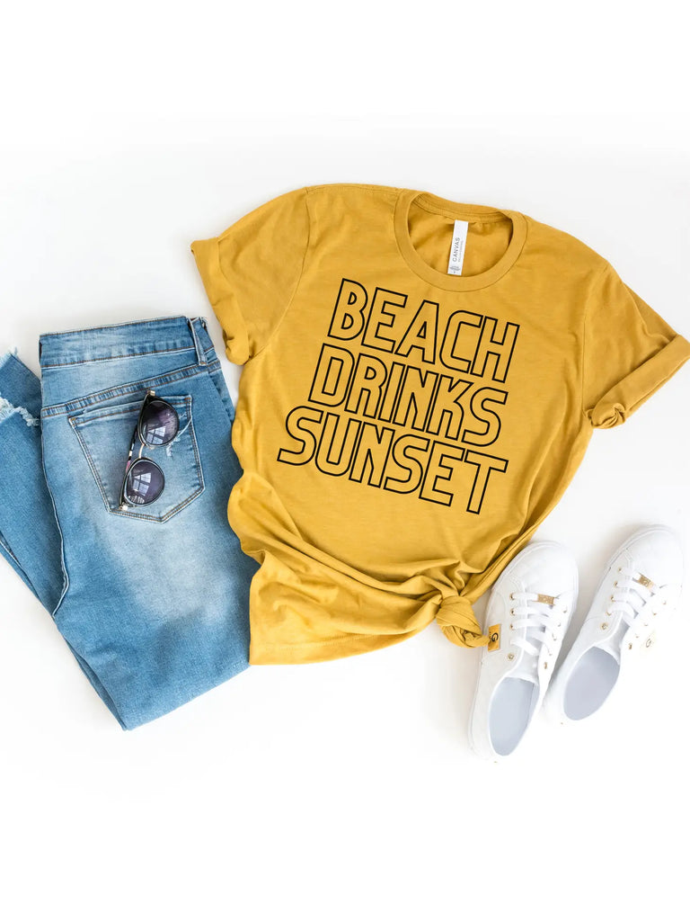 Beach, Drinks, Sunset Tee (S-2XL)-130 Graphic Tees-SIMPLY TEES-Hello Friends Boutique-Woman's Fashion Boutique Located in Traverse City, MI
