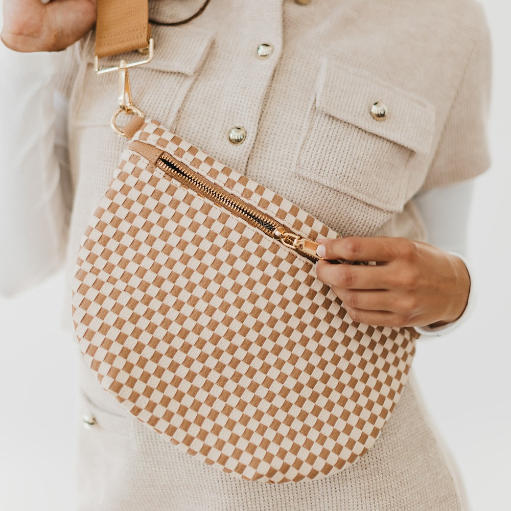 Westlyn Woven Bum Bag in Checkered Tan-260 Bags-Pretty Simple-Hello Friends Boutique-Woman's Fashion Boutique Located in Traverse City, MI