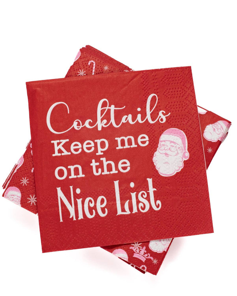 on the nice list napkins, holiday cocktail napkins, christmas party napkins, festive drink napkins, merry napkins, seasonal tableware, holiday hostess essentials, christmas entertaining décor, winter party napkins, cheerful holiday decor