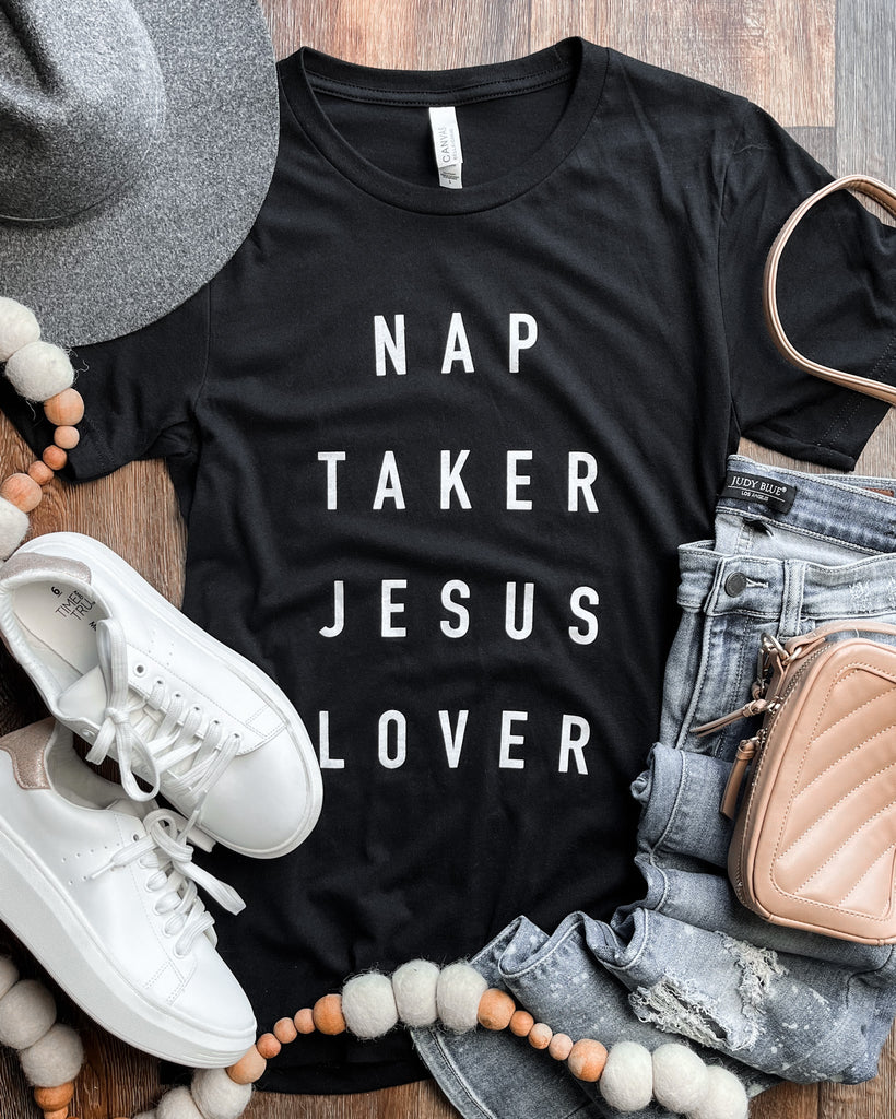 Nap Taker Jesus Lover Graphic Tee-D&E Tees-Hello Friends Boutique-Woman's Fashion Boutique Located in Traverse City, MI