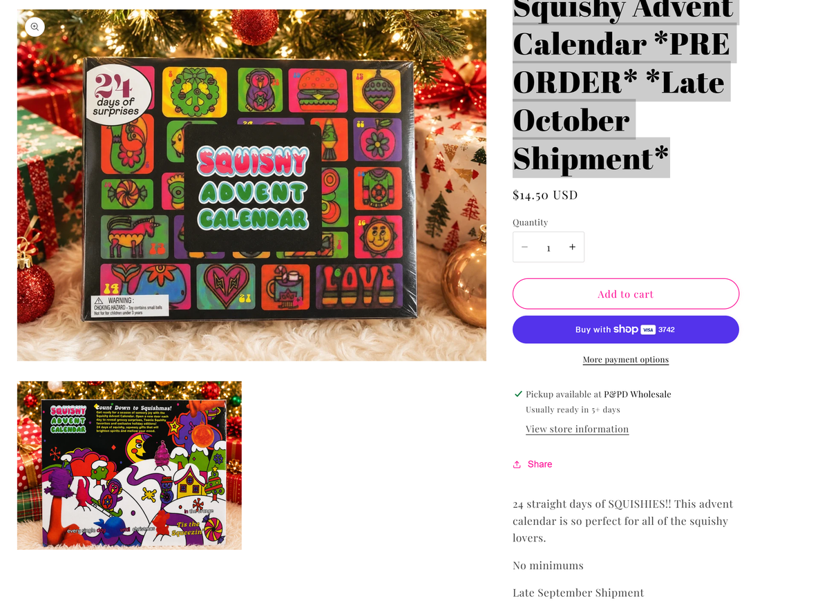 Supplier reference showing the Squishy Advent Calendar with 24 days of surprises