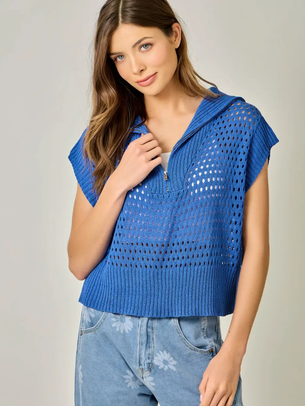 Fishnet Zip Up Short Sleeve Relaxed Sweater.jpg
