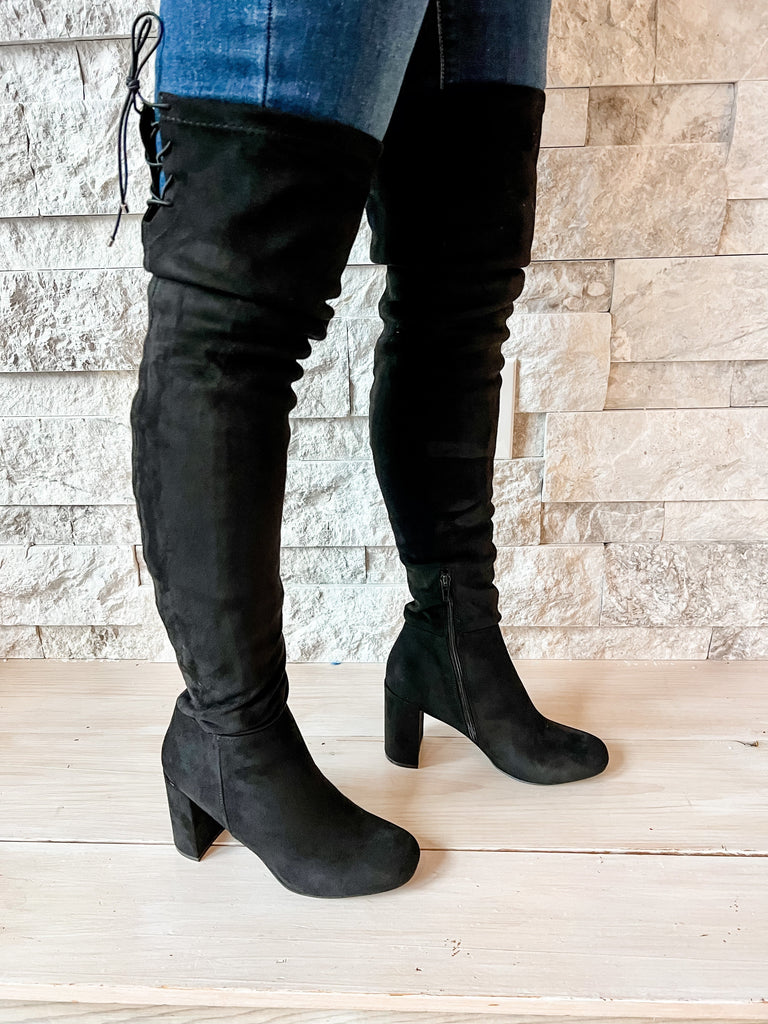 King Suedette Black Knee High Boots-250 Shoes-CHINESE LAUNDRY-Hello Friends Boutique-Woman's Fashion Boutique Located in Traverse City, MI