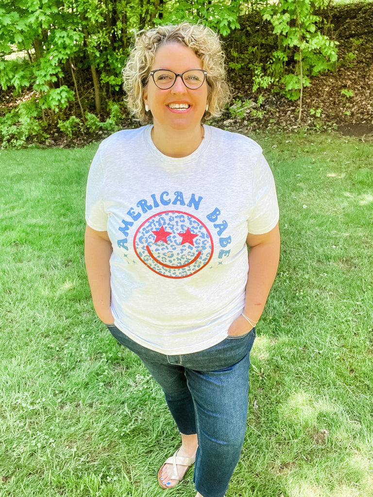 American Babe Smiley Graphic Tee-130 Graphic Tees-KISSED Apparel-Hello Friends Boutique-Woman's Fashion Boutique Located in Traverse City, MI