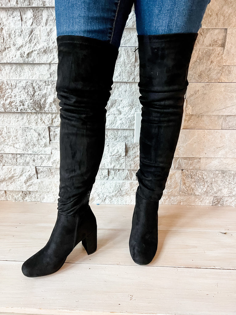 King Suedette Black Knee High Boots-250 Shoes-CHINESE LAUNDRY-Hello Friends Boutique-Woman's Fashion Boutique Located in Traverse City, MI
